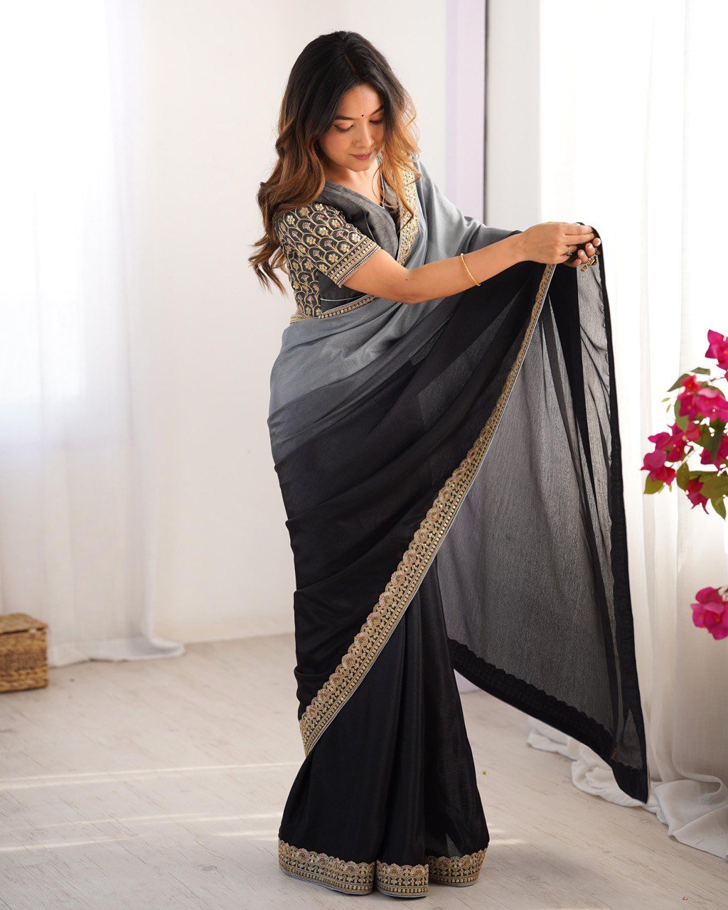 Women's Elegant Ombre Green Georgette Saree with Intricate Golden Zari & Stone Embellishments – Complete with Heavily Worked Blouse for Festive & Wedding Wear - Image 2